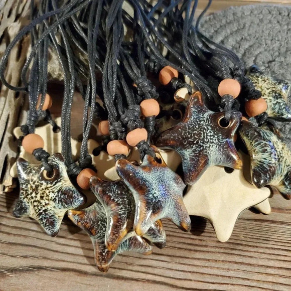 Artsy Star Glazed Blues Browns Porcelain Necklace - Picture 7 of 7